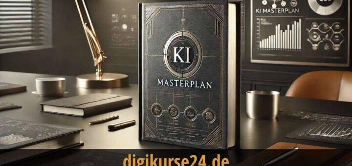 Ein edles Hardcover-Buch mit dem Titel 'KI Masterplan', platziert auf einem modernen Schreibtisch, umgeben von stilvollen Accessoires und einer professionellen Atmosphäre.